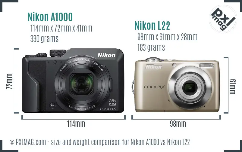 Nikon A1000 vs Nikon L22 size comparison