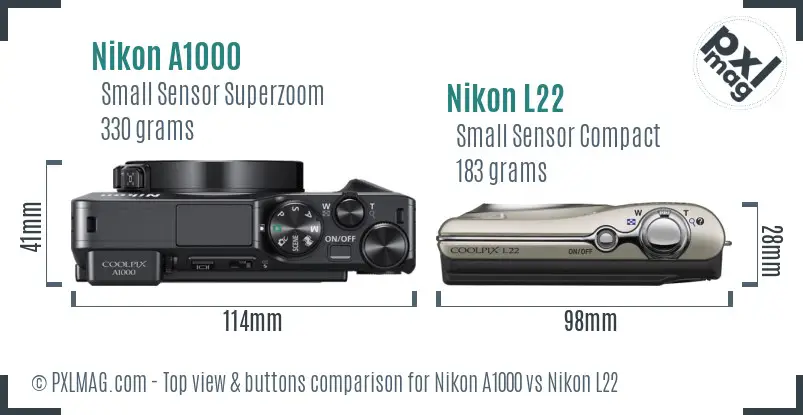 Nikon A1000 vs Nikon L22 top view buttons comparison