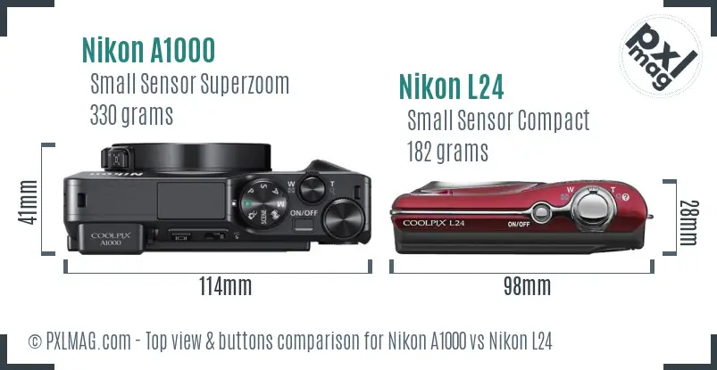 Nikon A1000 vs Nikon L24 top view buttons comparison