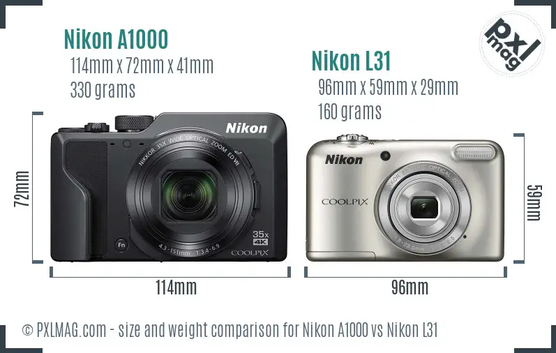 Nikon A1000 vs Nikon L31 size comparison