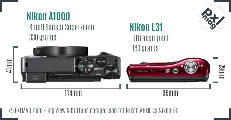 Nikon A1000 vs Nikon L31 top view buttons comparison