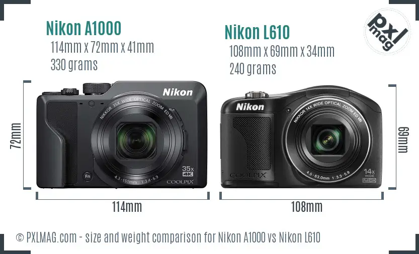 Nikon A1000 vs Nikon L610 size comparison