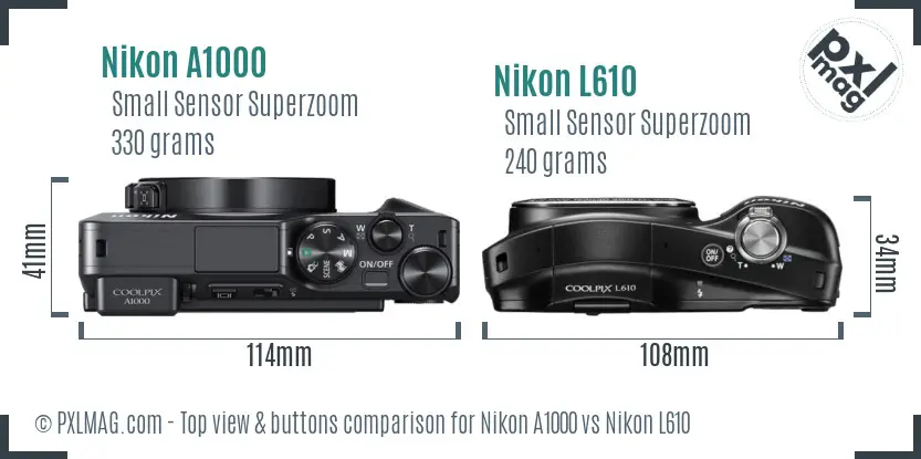 Nikon A1000 vs Nikon L610 top view buttons comparison