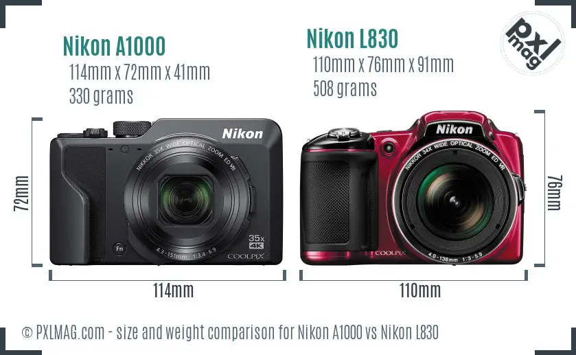 Nikon A1000 vs Nikon L830 size comparison