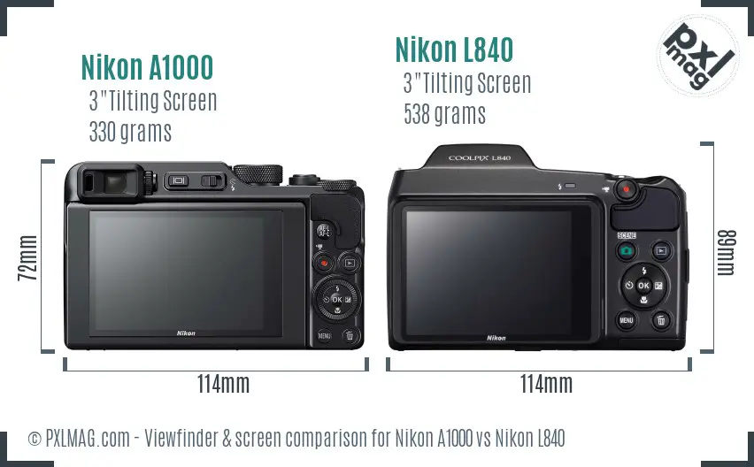 Nikon A1000 vs Nikon L840 Screen and Viewfinder comparison