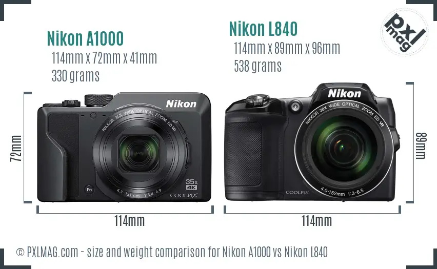 Nikon A1000 vs Nikon L840 size comparison