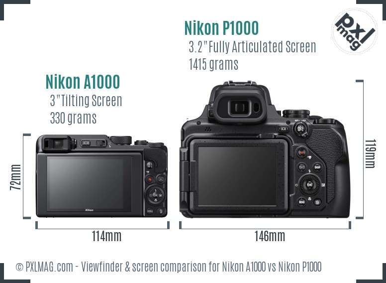 Nikon A1000 vs Nikon P1000 Screen and Viewfinder comparison