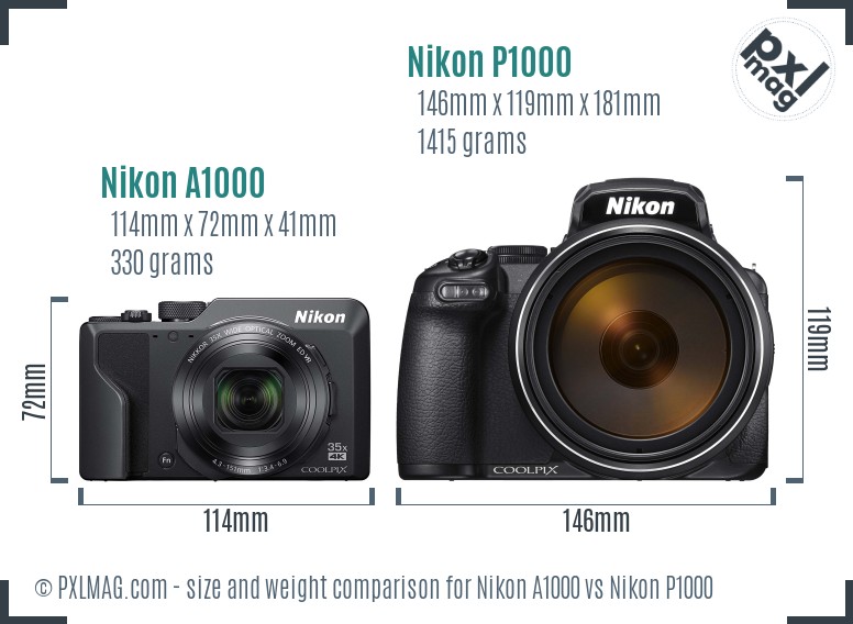 Nikon A1000 vs Nikon P1000 size comparison