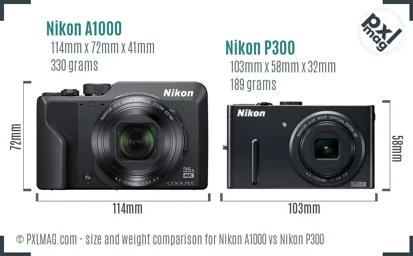 Nikon A1000 vs Nikon P300 size comparison