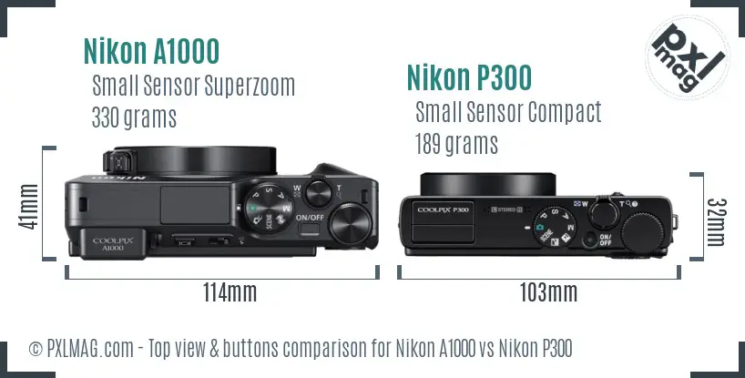 Nikon A1000 vs Nikon P300 top view buttons comparison