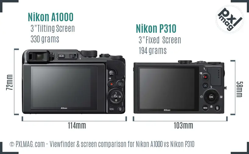 Nikon A1000 vs Nikon P310 Screen and Viewfinder comparison