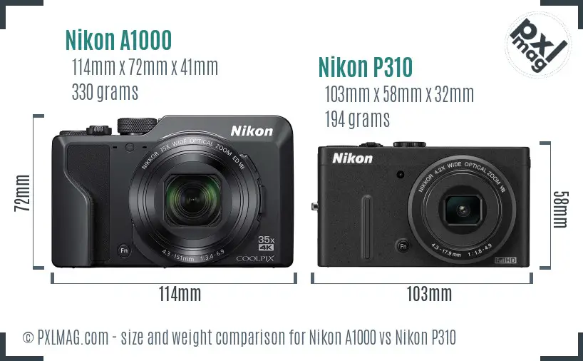 Nikon A1000 vs Nikon P310 size comparison