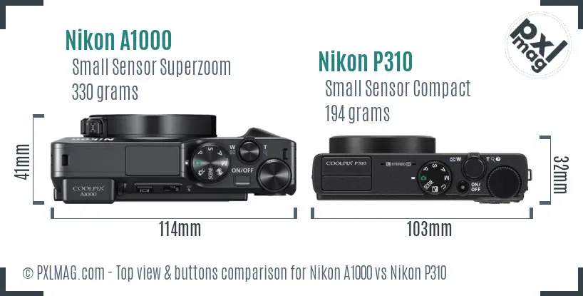 Nikon A1000 vs Nikon P310 top view buttons comparison