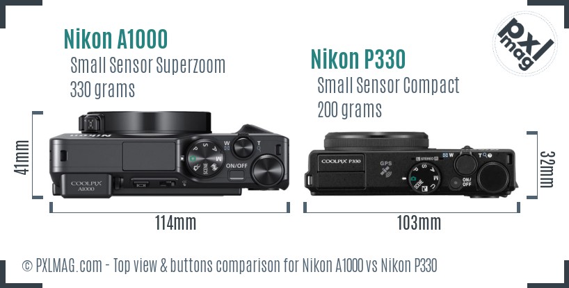 Nikon A1000 vs Nikon P330 top view buttons comparison