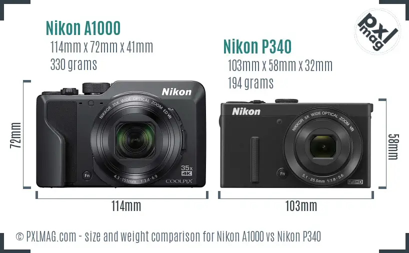 Nikon A1000 vs Nikon P340 size comparison