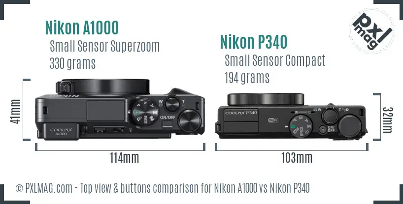 Nikon A1000 vs Nikon P340 top view buttons comparison