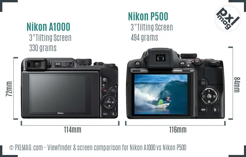 Nikon A1000 vs Nikon P500 Screen and Viewfinder comparison