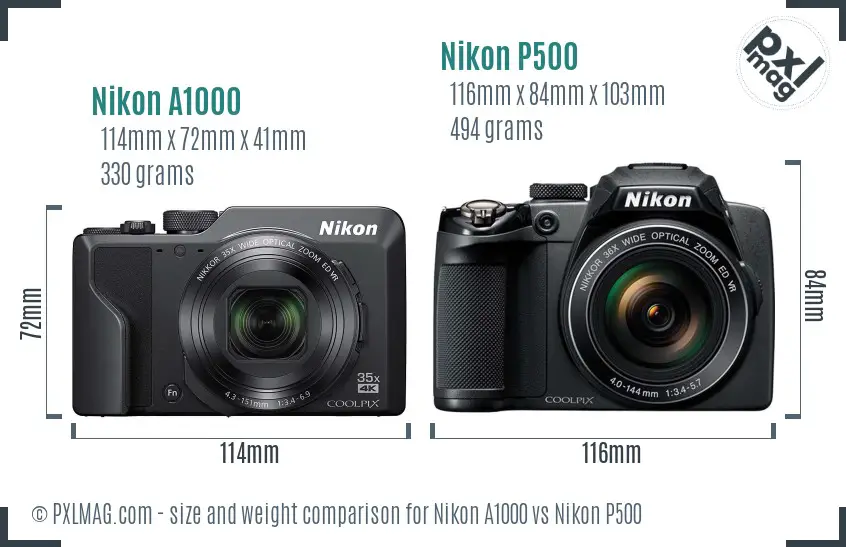 Nikon A1000 vs Nikon P500 size comparison