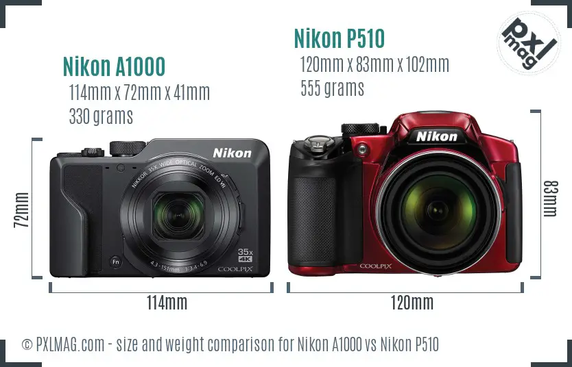 Nikon A1000 vs Nikon P510 size comparison