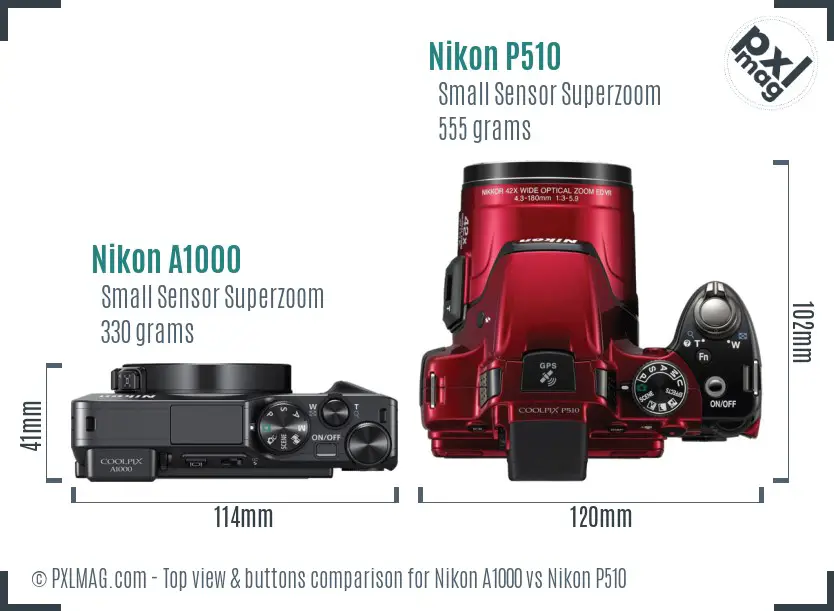 Nikon A1000 vs Nikon P510 top view buttons comparison