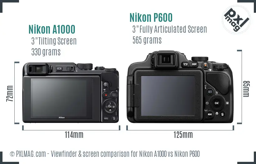 Nikon A1000 vs Nikon P600 Screen and Viewfinder comparison