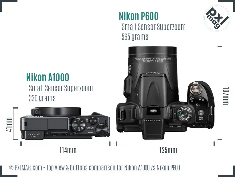 Nikon A1000 vs Nikon P600 top view buttons comparison
