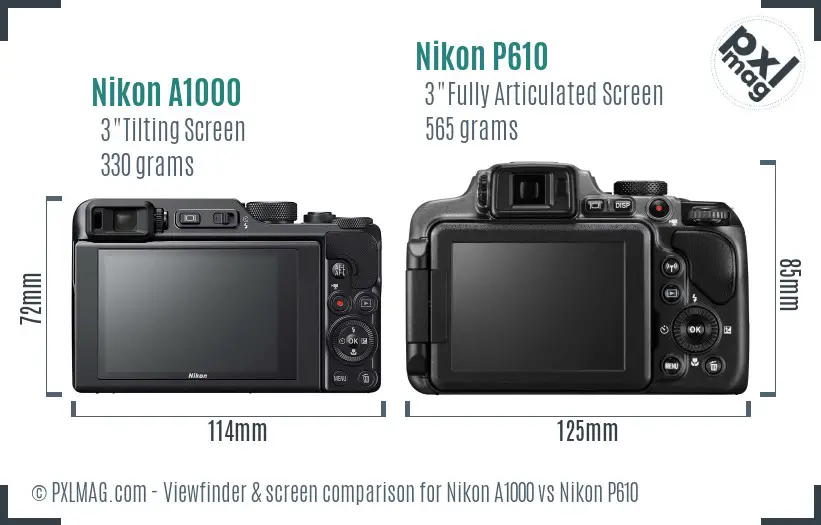 Nikon A1000 vs Nikon P610 Screen and Viewfinder comparison