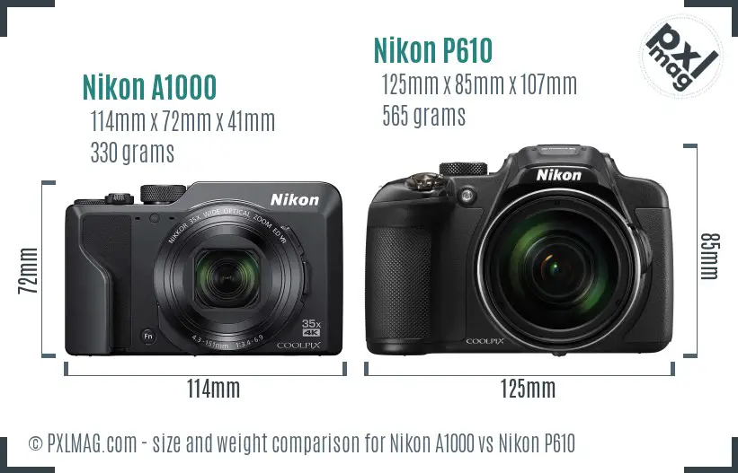 Nikon A1000 vs Nikon P610 size comparison