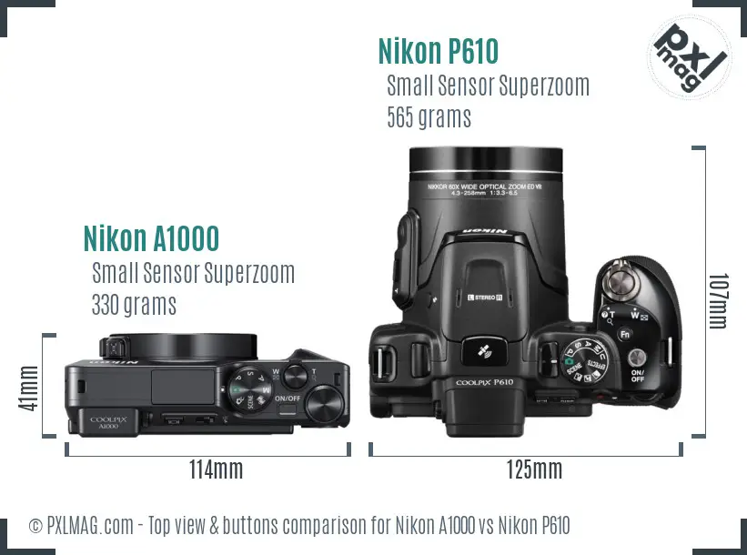 Nikon A1000 vs Nikon P610 top view buttons comparison