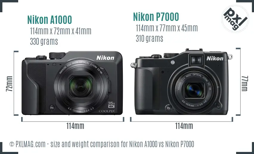 Nikon A1000 vs Nikon P7000 size comparison