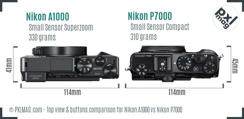 Nikon A1000 vs Nikon P7000 top view buttons comparison