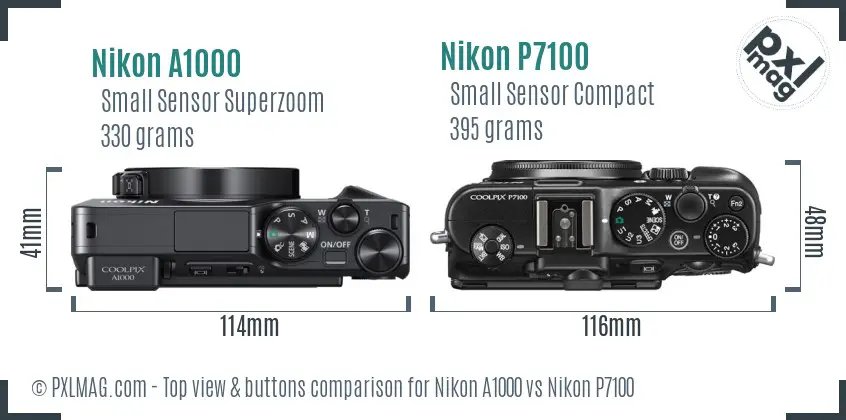 Nikon A1000 vs Nikon P7100 top view buttons comparison Nikon A1000 vs Nikon P7100 top view buttons comparison