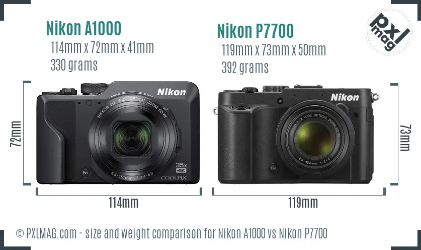 Nikon A1000 vs Nikon P7700 size comparison