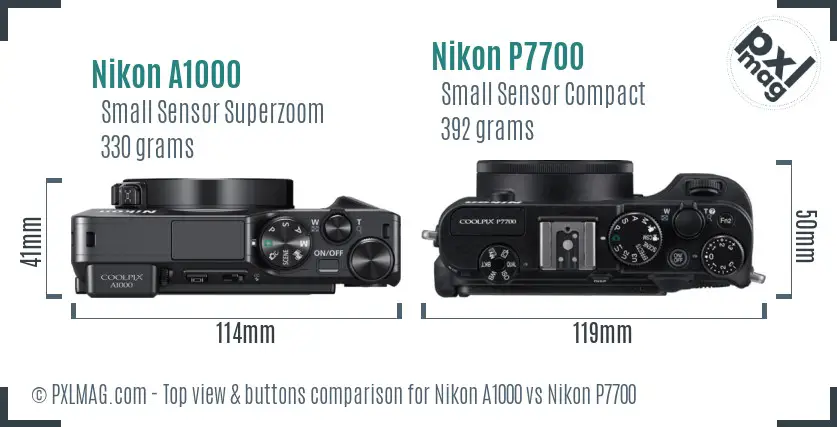 Nikon A1000 vs Nikon P7700 top view buttons comparison