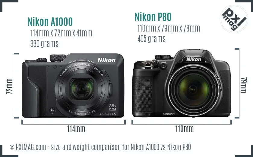 Nikon A1000 vs Nikon P80 size comparison