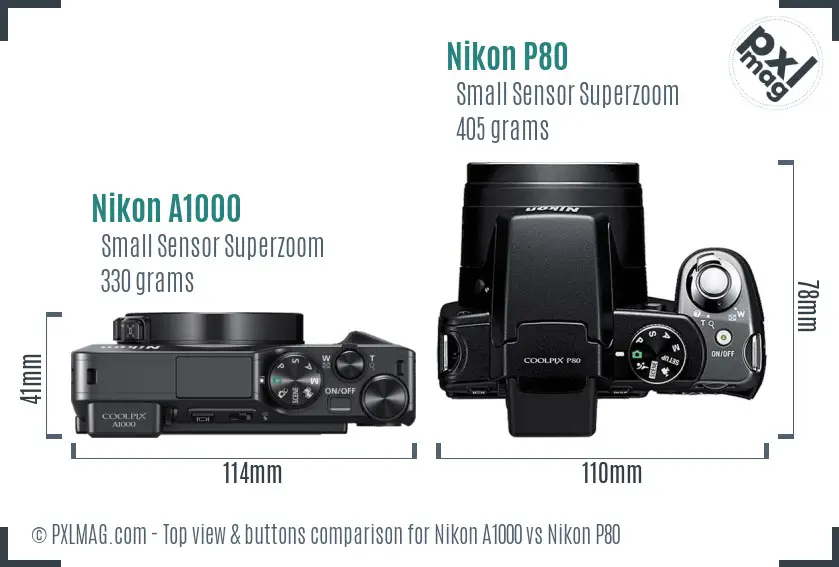 Nikon A1000 vs Nikon P80 top view buttons comparison