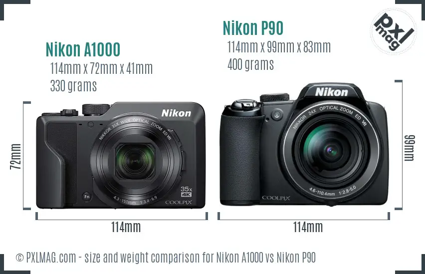 Nikon A1000 vs Nikon P90 size comparison