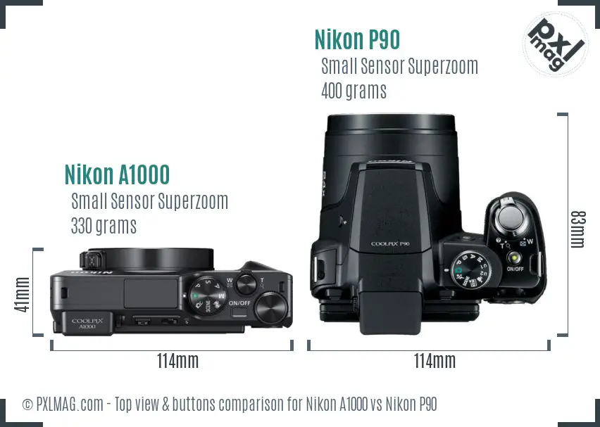 Nikon A1000 vs Nikon P90 top view buttons comparison