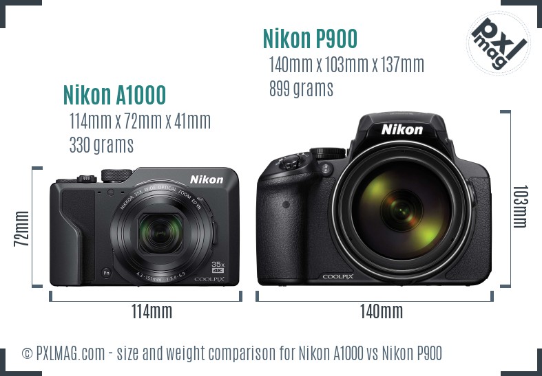 Nikon A1000 vs Nikon P900 size comparison