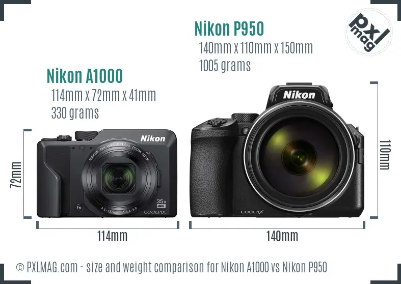 Nikon A1000 vs Nikon P950 size comparison