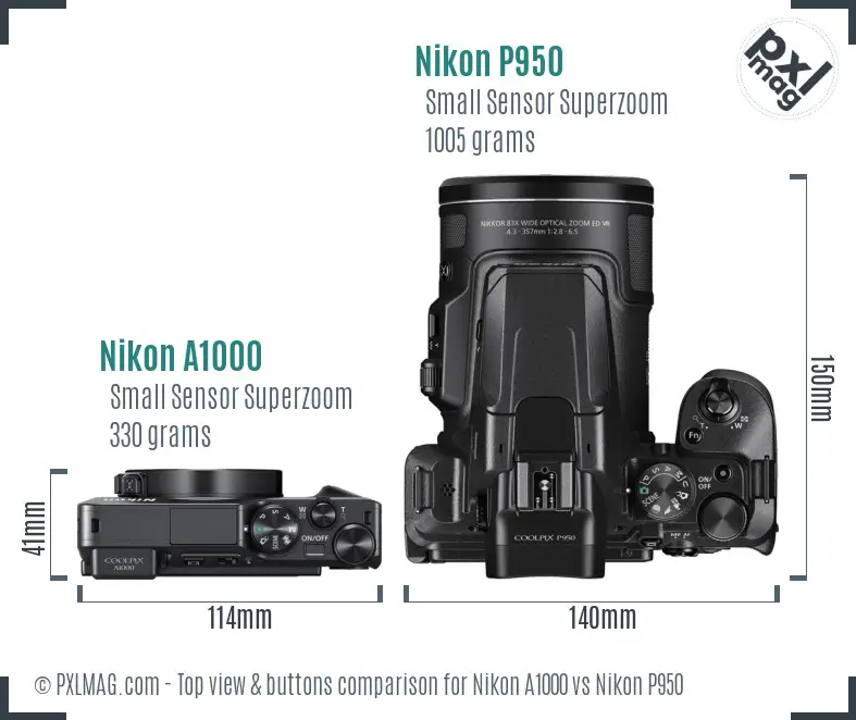 Nikon A1000 vs Nikon P950 top view buttons comparison
