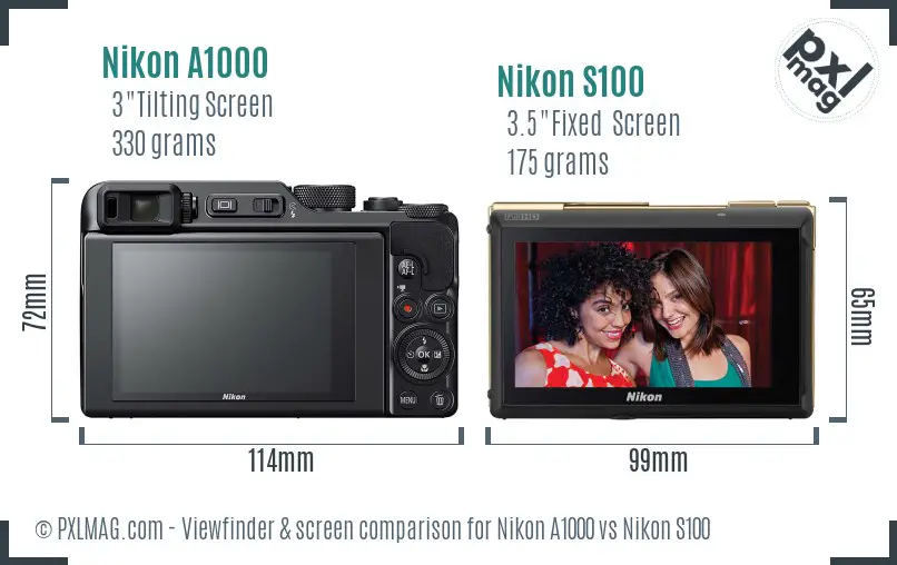 Nikon A1000 vs Nikon S100 Screen and Viewfinder comparison
