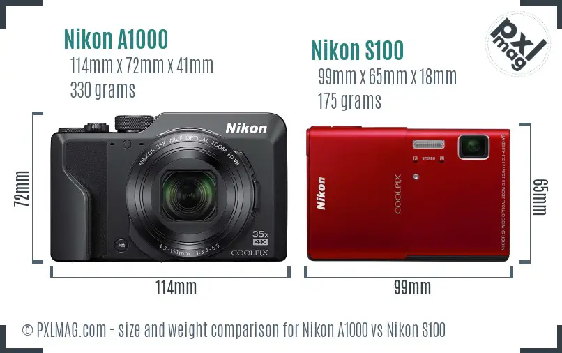Nikon A1000 vs Nikon S100 size comparison