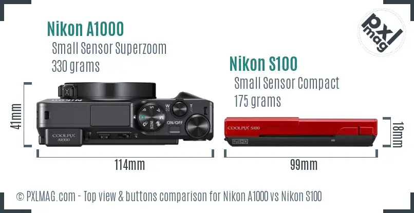 Nikon A1000 vs Nikon S100 top view buttons comparison