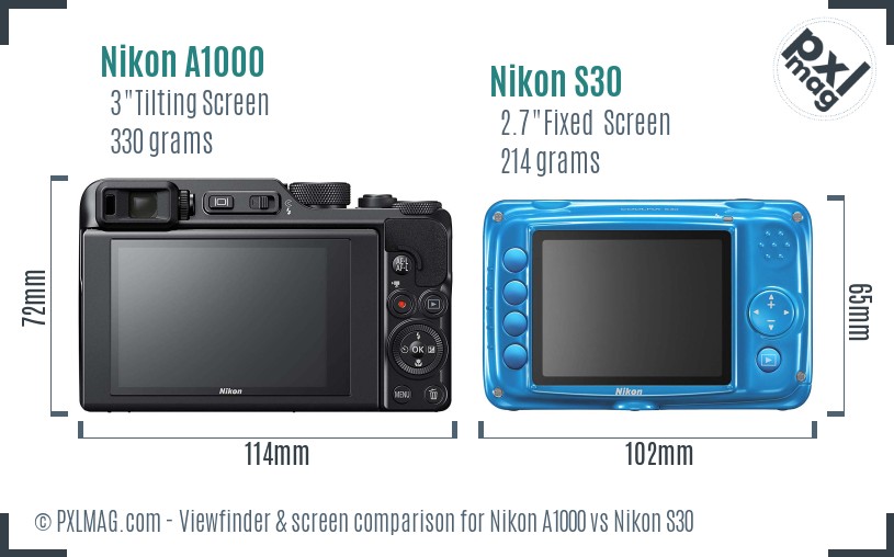 Nikon A1000 vs Nikon S30 Screen and Viewfinder comparison