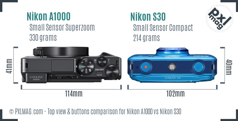 Nikon A1000 vs Nikon S30 top view buttons comparison