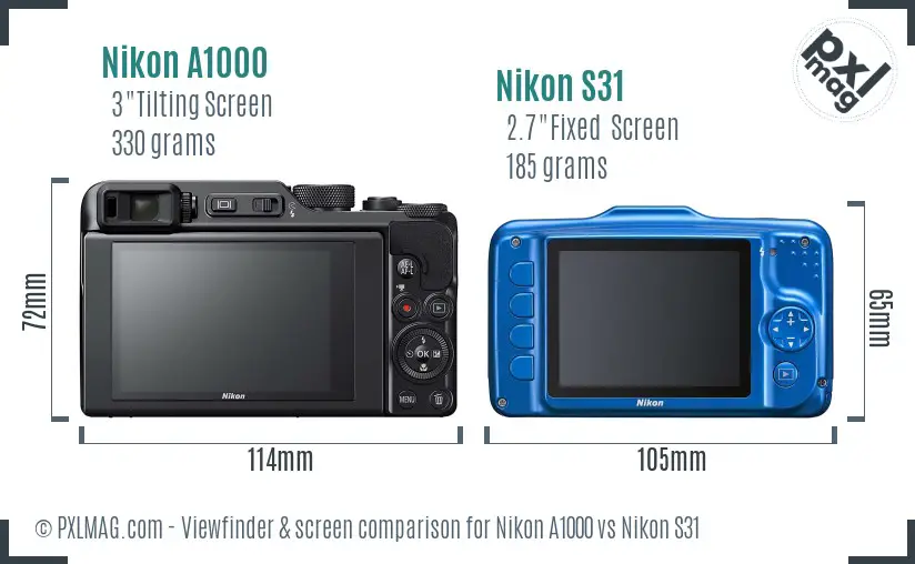 Nikon A1000 vs Nikon S31 Screen and Viewfinder comparison Nikon A1000 vs Nikon S31 Screen and Viewfinder comparison