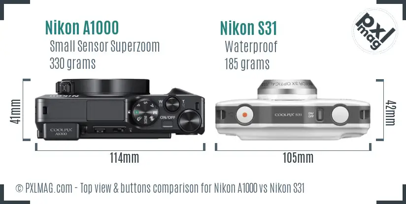 Nikon A1000 vs Nikon S31 top view buttons comparison Nikon A1000 vs Nikon S31 top view buttons comparison