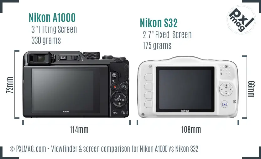 Nikon A1000 vs Nikon S32 Screen and Viewfinder comparison