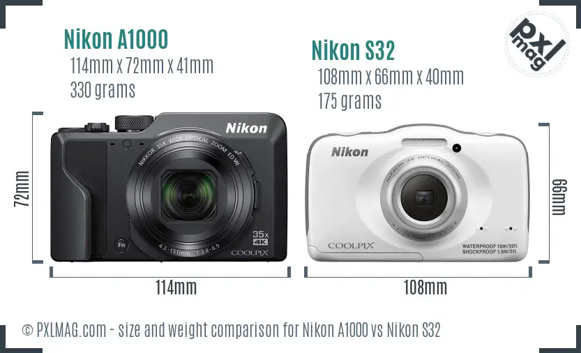 Nikon A1000 vs Nikon S32 size comparison